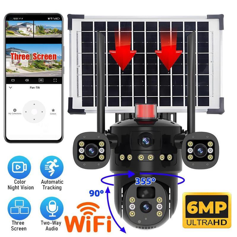 Solar Security Camera Outdoor, 6MP Dual-Lens PTZ Wifi Camera with 3 Views, 355° Pan 90° Tilt, Color Night Vision, 2-Way Audio, Human Detection, IP65