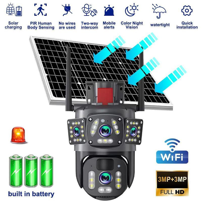 Solar Security Camera Outdoor, 6MP Dual-Lens PTZ Wifi Camera with 3 Views, 355° Pan 90° Tilt, Color Night Vision, 2-Way Audio, Human Detection, IP65