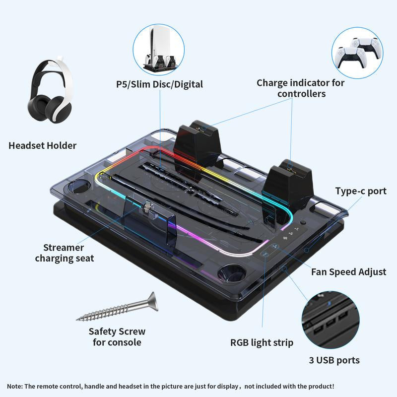 YLW Cooling Station with Controller Charging Station, Multifunctional Cooling Fan Headset Holder, Console Accessories for PS5 Digital/Disc
