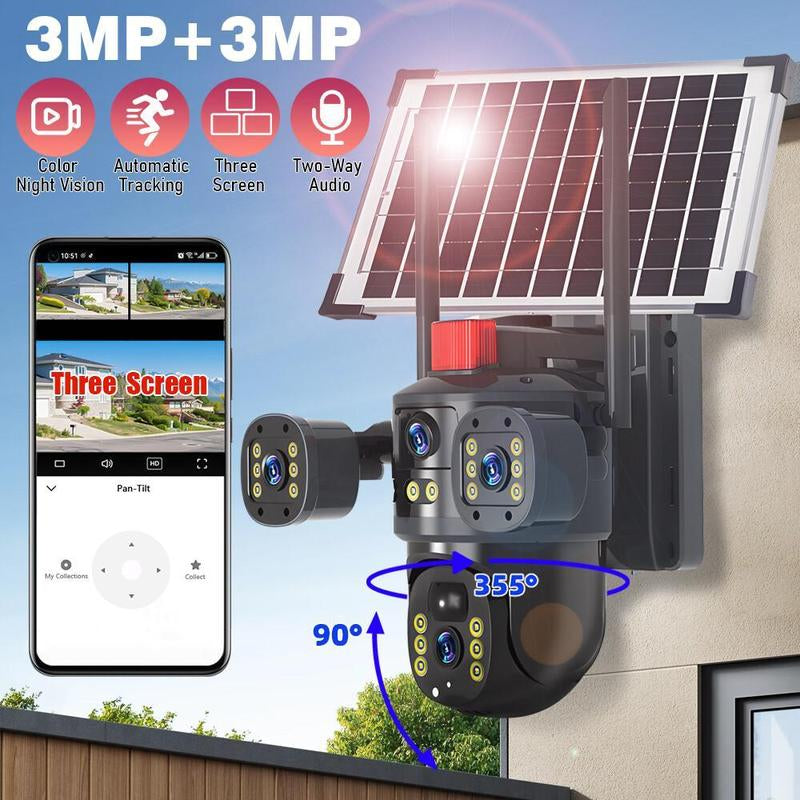 Solar Security Camera Outdoor, 6MP Dual-Lens PTZ Wifi Camera with 3 Views, 355° Pan 90° Tilt, Color Night Vision, 2-Way Audio, Human Detection, IP65