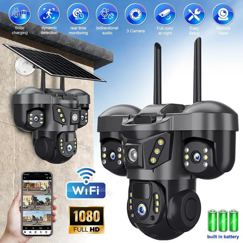 Solar Security Camera Outdoor, 6MP Dual-Lens PTZ Wifi Camera with 3 Views, 355° Pan 90° Tilt, Color Night Vision, 2-Way Audio, Human Detection, IP65