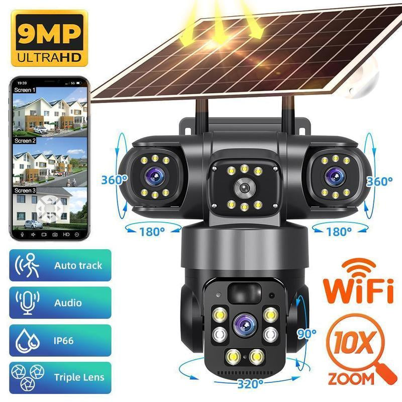 Solar Security Camera Outdoor, 6MP Dual-Lens PTZ Wifi Camera with 3 Views, 355° Pan 90° Tilt, Color Night Vision, 2-Way Audio, Human Detection, IP65