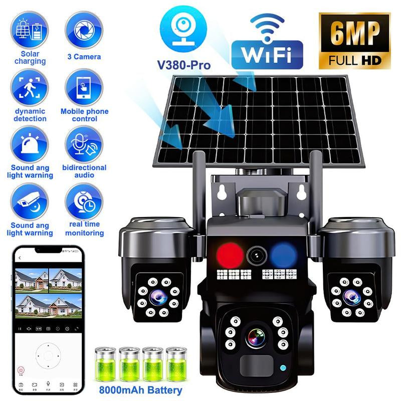 Solar Security Camera Outdoor, 6MP Dual-Lens PTZ Wifi Camera with 3 Views, 355° Pan 90° Tilt, Color Night Vision, 2-Way Audio, Human Detection, IP65